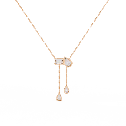 Mixed-Shape Diamond Y Necklace – Pear & Emerald-Cut Drop Lariat | Dainty Station Pendant for Layering | Solid Gold Chain, Minimal Modern Gift