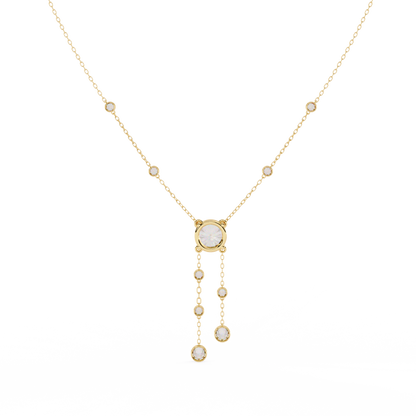 Dainty Y Lariat Necklace with Round SolitaireDangling Bezel Drops — Station Diamond Chain, Minimalist Layering, Gift for Her — Sparkle