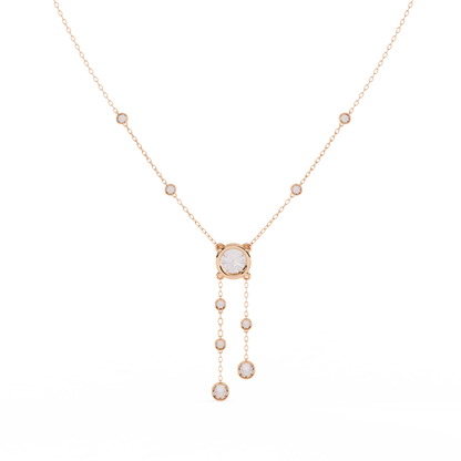 Dainty Y Lariat Necklace with Round SolitaireDangling Bezel Drops — Station Diamond Chain, Minimalist Layering, Gift for Her — Sparkle