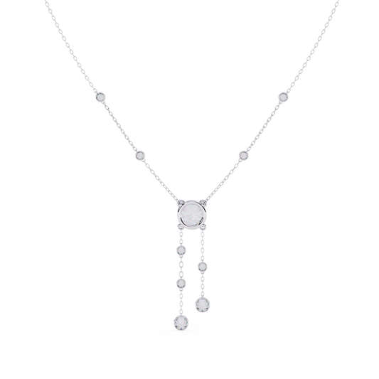 Dainty Y Lariat Necklace with Round SolitaireDangling Bezel Drops — Station Diamond Chain, Minimalist Layering, Gift for Her — Sparkle