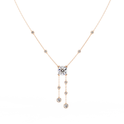 Dainty Y Lariat Necklace with Round SolitaireDangling Bezel Drops — Station Diamond Chain, Minimalist Layering, Gift for Her — Sparkle
