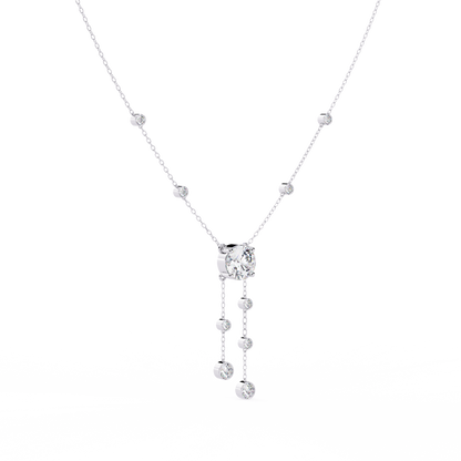Dainty Y Lariat Necklace with Round SolitaireDangling Bezel Drops — Station Diamond Chain, Minimalist Layering, Gift for Her — Sparkle
