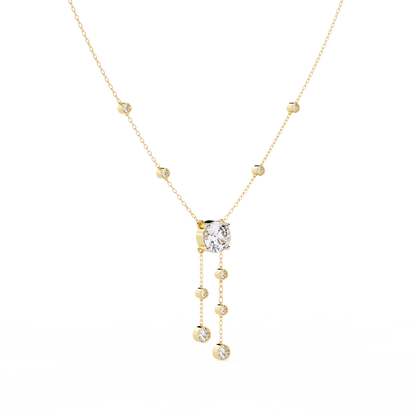 Dainty Y Lariat Necklace with Round SolitaireDangling Bezel Drops — Station Diamond Chain, Minimalist Layering, Gift for Her — Sparkle