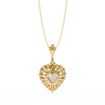 Heart Halo Pendant Necklace – Vintage Sunburst Medallion with Center Heart Stone, Custom in Lab-Grown Diamond or Moissanite, Gift for Her