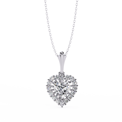 Heart Halo Pendant Necklace – Vintage Sunburst Medallion with Center Heart Stone, Custom in Lab-Grown Diamond or Moissanite, Gift for Her