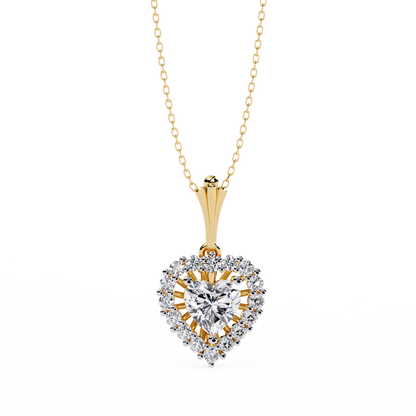 Heart Halo Pendant Necklace – Vintage Sunburst Medallion with Center Heart Stone, Custom in Lab-Grown Diamond or Moissanite, Gift for Her