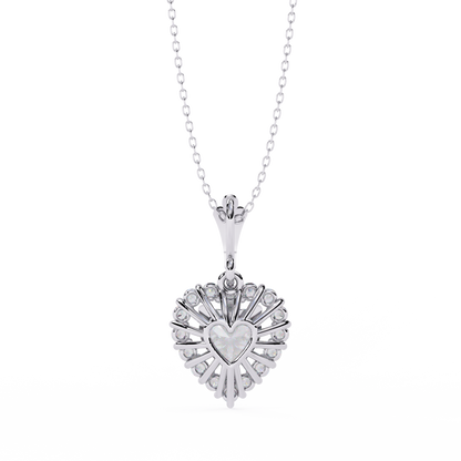 Heart Halo Pendant Necklace – Vintage Sunburst Medallion with Center Heart Stone, Custom in Lab-Grown Diamond or Moissanite, Gift for Her