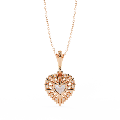 Heart Halo Pendant Necklace – Vintage Sunburst Medallion with Center Heart Stone, Custom in Lab-Grown Diamond or Moissanite, Gift for Her