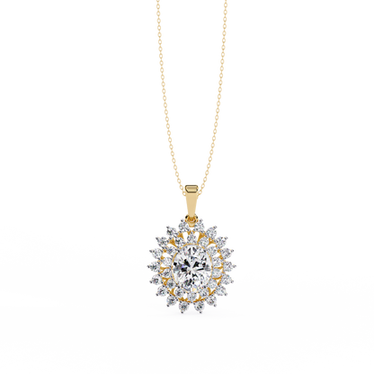 Oval Sunburst Halo Pendant Necklace – Double Halo Cluster – Lab-Grown Diamond or Moissanite, Vintage-Inspired Sparkle Gift for Her
