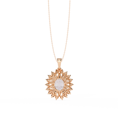 Oval Sunburst Halo Pendant Necklace – Double Halo Cluster – Lab-Grown Diamond or Moissanite, Vintage-Inspired Sparkle Gift for Her