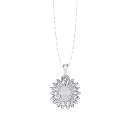 Oval Sunburst Halo Pendant Necklace – Double Halo Cluster – Lab-Grown Diamond or Moissanite, Vintage-Inspired Sparkle Gift for Her