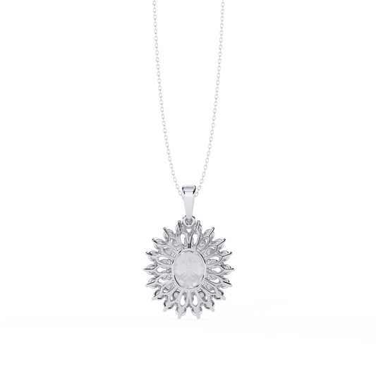 Oval Sunburst Halo Pendant Necklace – Double Halo Cluster – Lab-Grown Diamond or Moissanite, Vintage-Inspired Sparkle Gift for Her