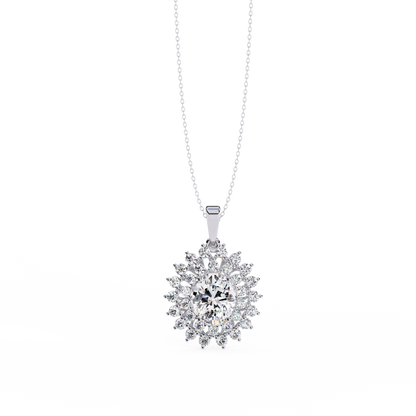 Oval Sunburst Halo Pendant Necklace – Double Halo Cluster – Lab-Grown Diamond or Moissanite, Vintage-Inspired Sparkle Gift for Her