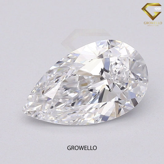 Pear-shaped diamond on a light gray background with 'Growello' branding.
