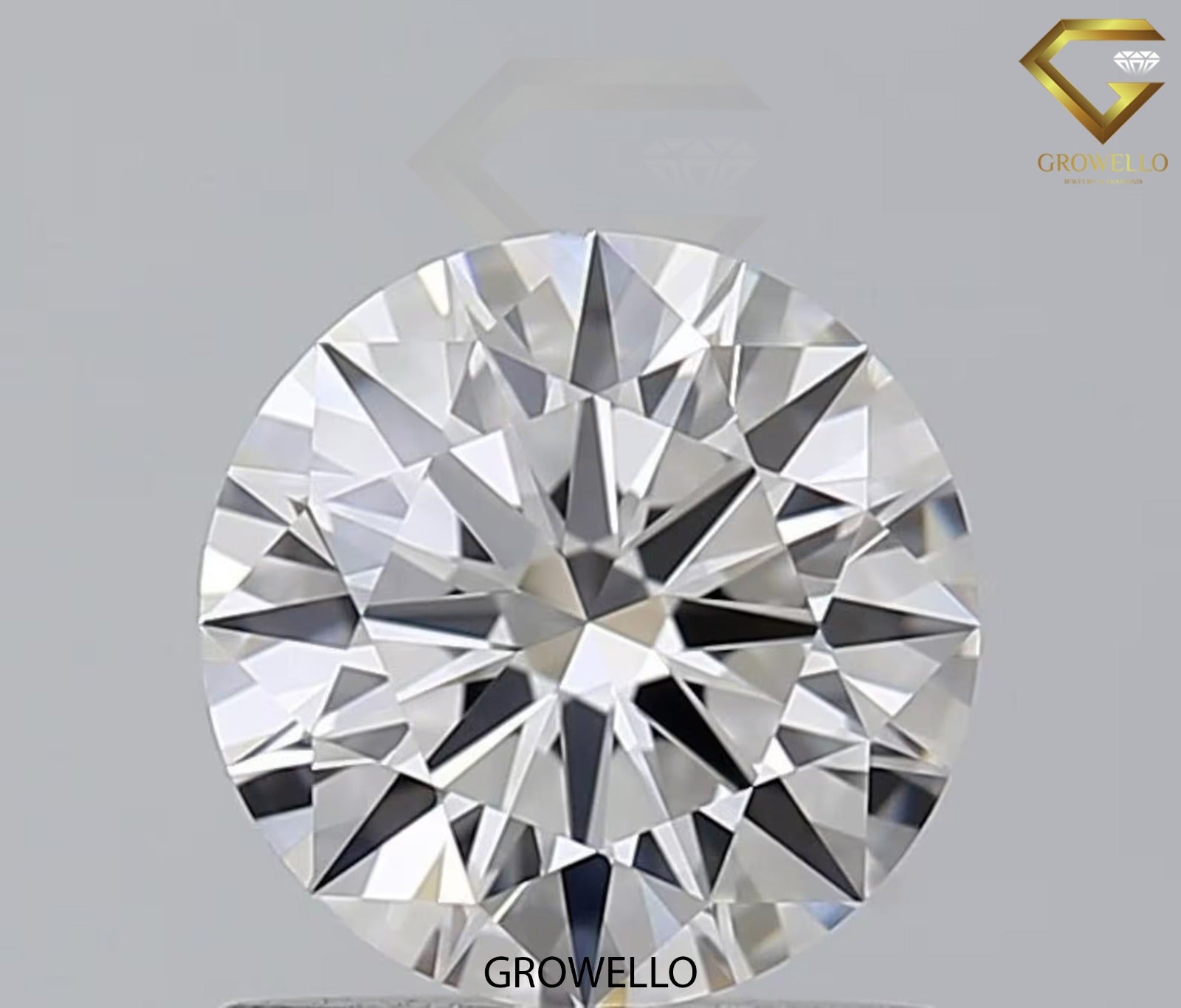 Round diamond with 'Growello' branding on a gray background