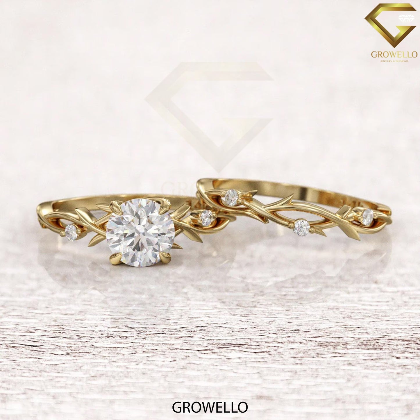 2ct round vine engagement ring, nature branch design, solid gold, lab diamond or moissanite