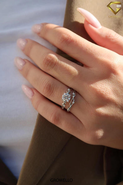 2ct round vine engagement ring, nature branch design, solid gold, lab diamond or moissanite