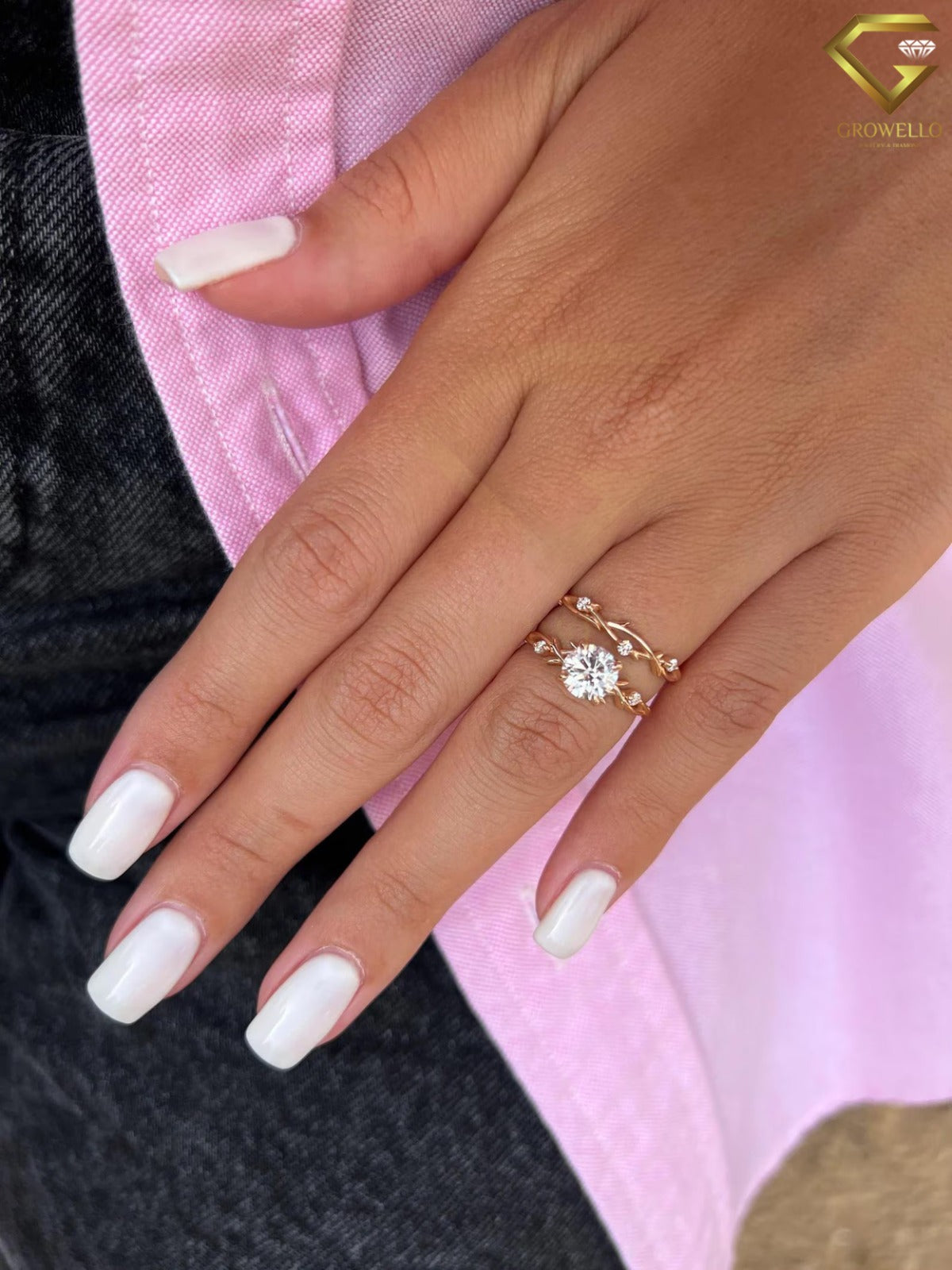 2ct round vine engagement ring, nature branch design, solid gold, lab diamond or moissanite