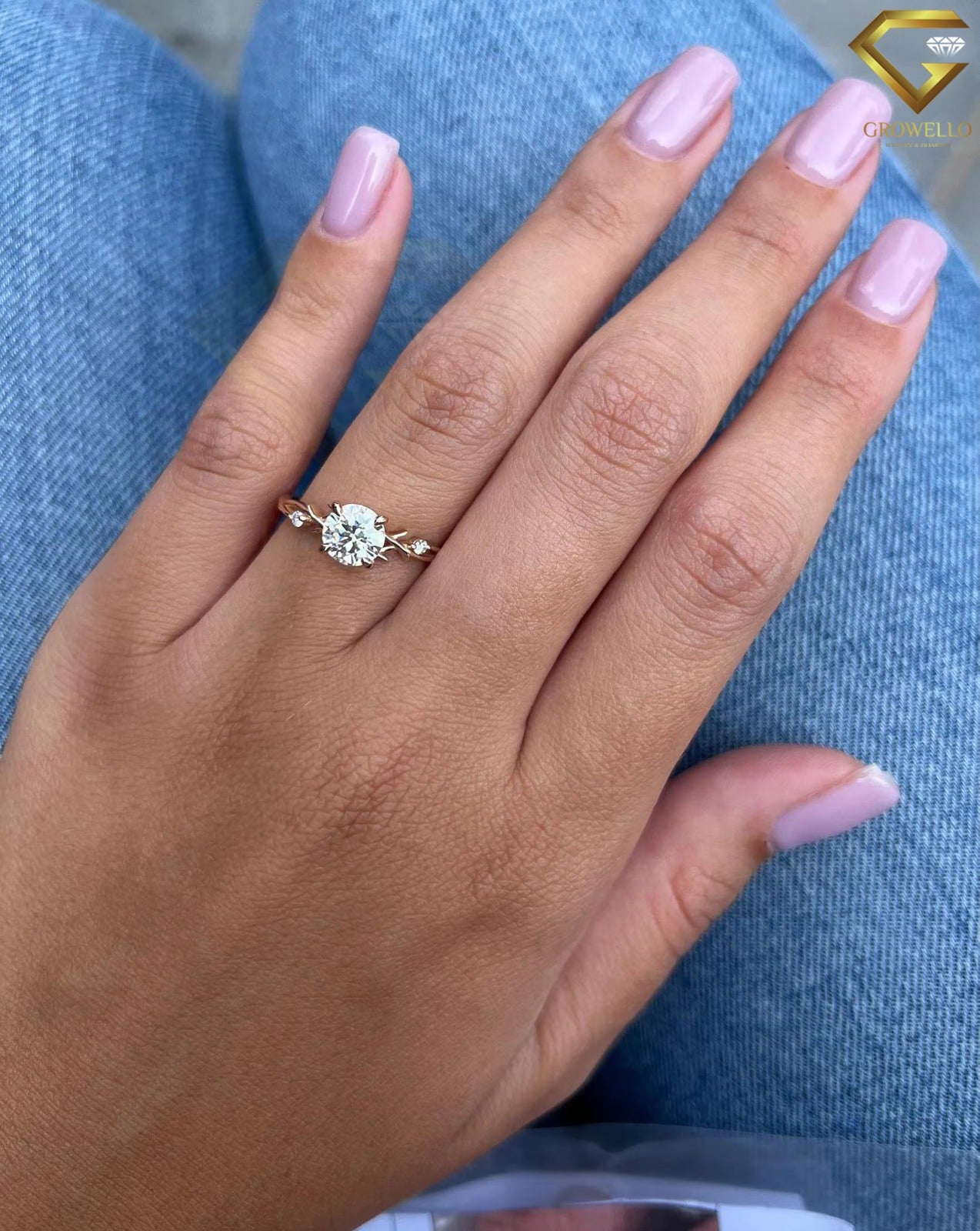 2ct round vine engagement ring, nature branch design, solid gold, lab diamond or moissanite