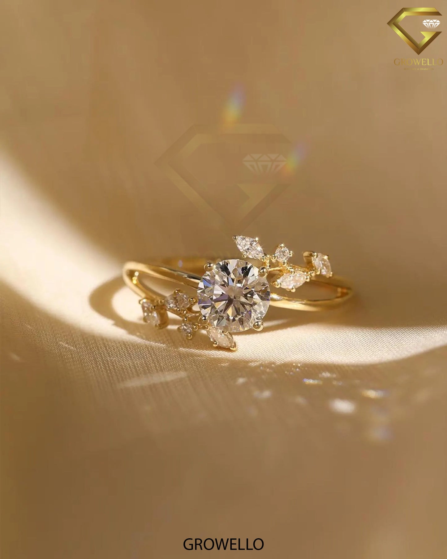 2CT Round Floral Cluster Ring, Split Shank Gold Design, Lab-Grown Diamond or Moissanite