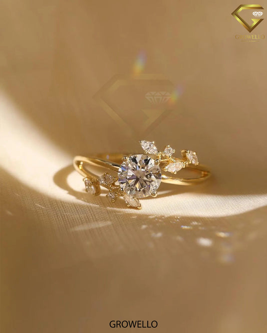 2CT Round Floral Cluster Ring, Split Shank Gold Design, Lab-Grown Diamond or Moissanite