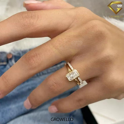 2 CT radiant bezel ring, split-shoulder with pave shadow band, solid gold, lab-grown diamond or moissanite