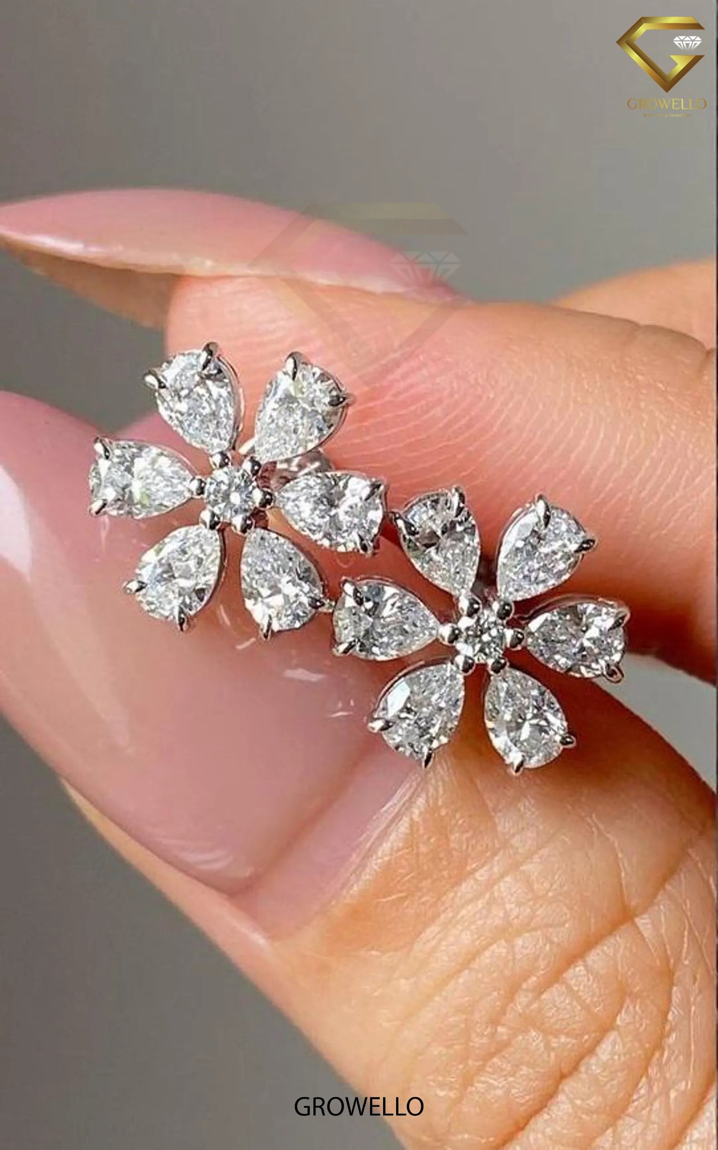 Floral Pear Cluster Studs • Round Center • Solid Gold • Lab Diamond or Moissanite Diamond