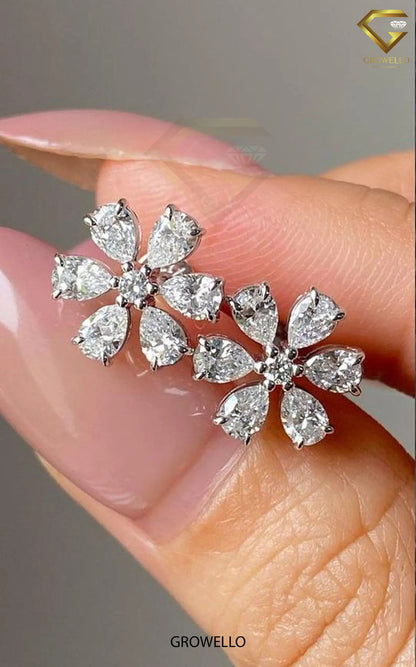 Floral Pear Cluster Studs • Round Center • Solid Gold • Lab Diamond or Moissanite Diamond