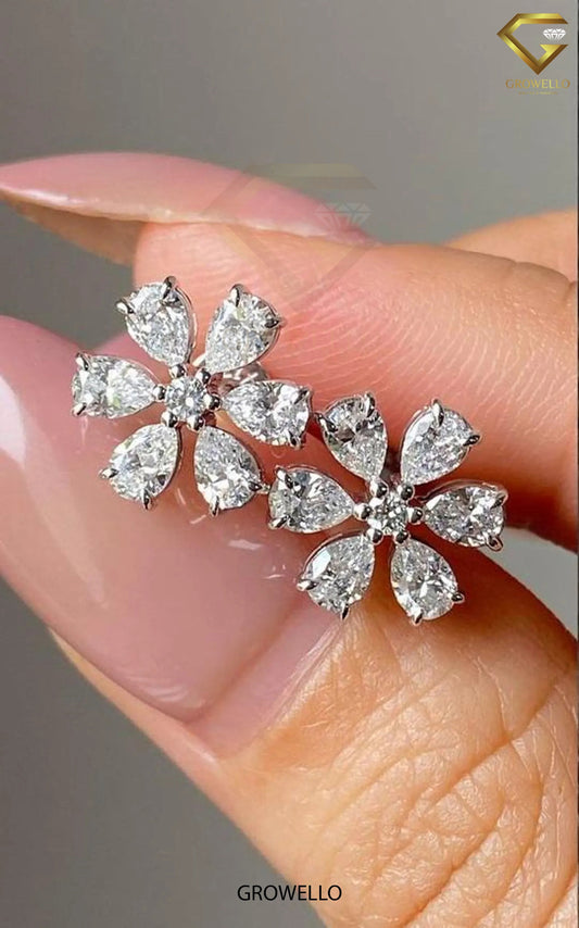 Floral Pear Cluster Studs • Round Center • Solid Gold • Lab Diamond or Moissanite Diamond