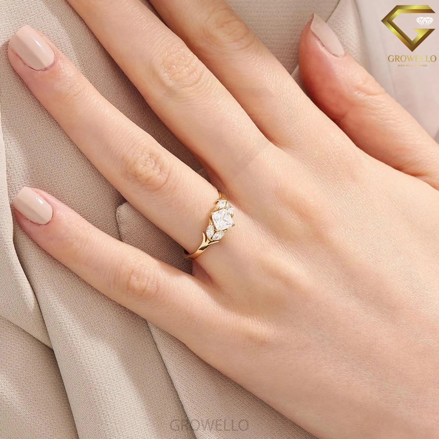 1ct cushion leaf solitaire ring, nature branch design, solid gold, lab diamond or moissanite