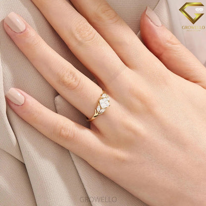 1ct cushion leaf solitaire ring, nature branch design, solid gold, lab diamond or moissanite