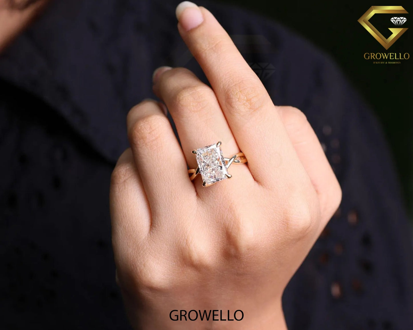 5 CT Radiant Engagement Ring • Criss-Cross Shank • Solid Gold • Lab Diamond or Moissanite