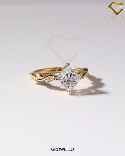2 CT Kite Princess Ring • Leaf Vine Band • Solid Gold • Lab Diamond or Moissanite