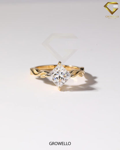 2 CT Kite Princess Ring • Leaf Vine Band • Solid Gold • Lab Diamond or Moissanite