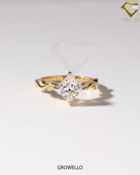 2 CT Kite Princess Ring • Leaf Vine Band • Solid Gold • Lab Diamond or Moissanite