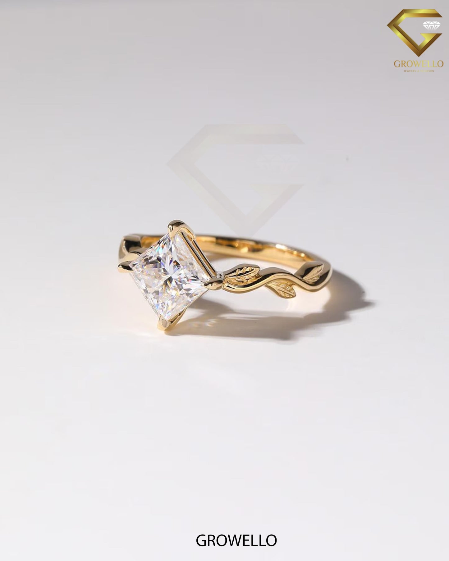2 CT Kite Princess Ring • Leaf Vine Band • Solid Gold • Lab Diamond or Moissanite