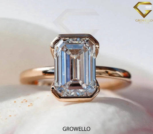 4 CT Emerald Half Bezel Engagement Ring • Solid Gold • Lab-Grown or Moissanite