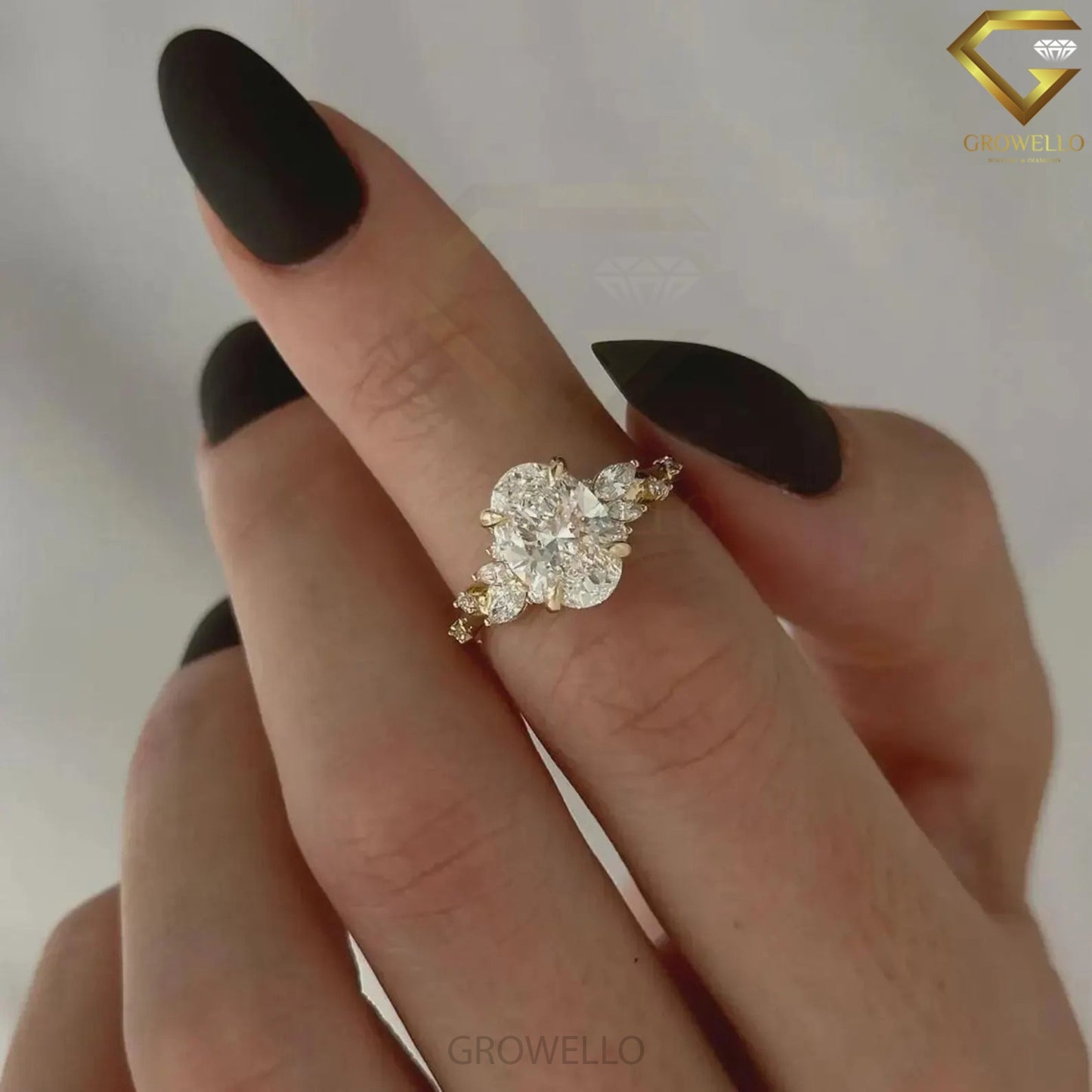 3CT oval floral cluster engagement ring, leaf side stones, solid gold, lab-grown diamond or moissanite