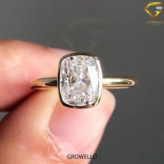4 CT Cushion Bezel Solitaire Engagement Ring, Lotus Gallery Solid Gold, Lab Diamond/Moissanite