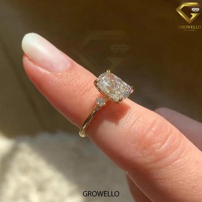 3 CT Elongated Cushion Ring: Claw Prong, Surprise Diamonds, Solid Gold, Lab Diamond/Moissanite