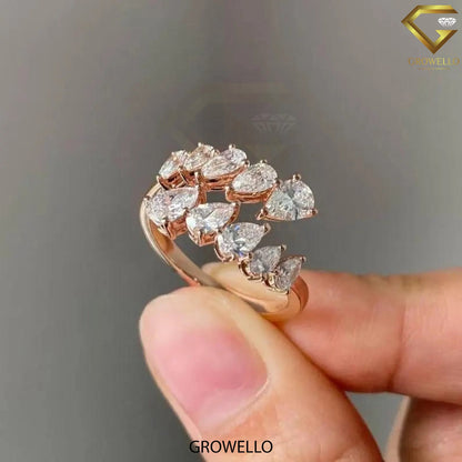 Graduated pear cluster bypass ring, open wrap, solid gold, lab-grown or moissanite