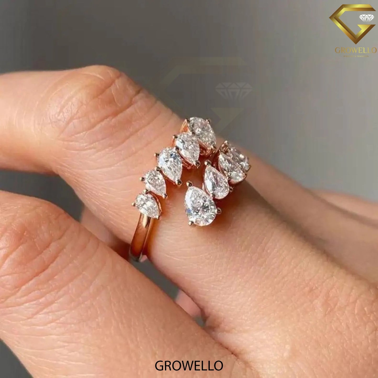 Graduated pear cluster bypass ring, open wrap, solid gold, lab-grown or moissanite