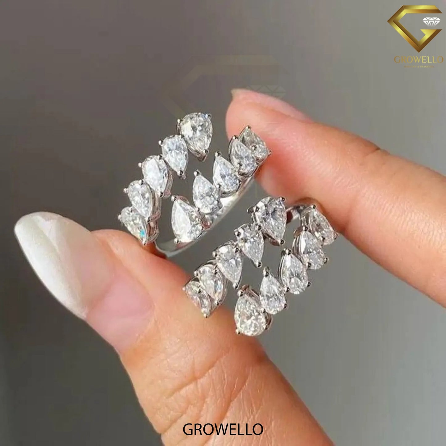 Graduated pear cluster bypass ring, open wrap, solid gold, lab-grown or moissanite