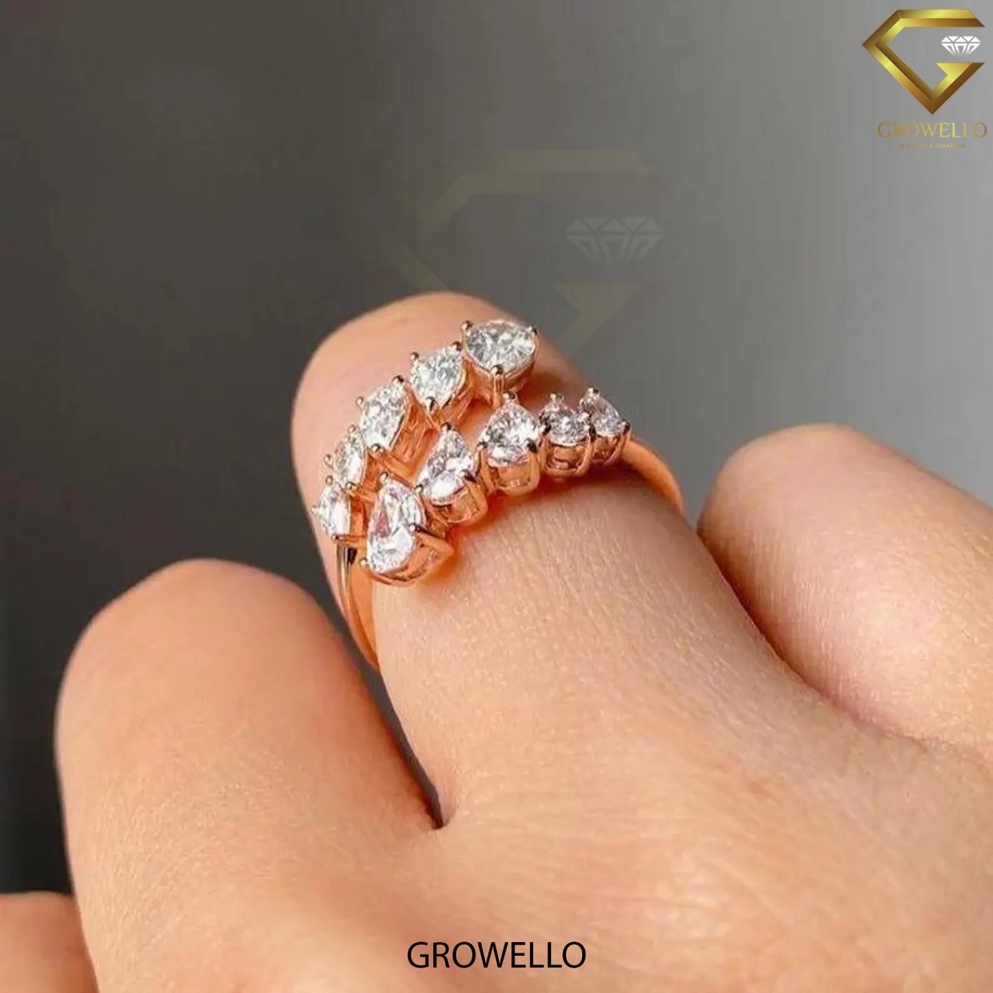 Graduated pear cluster bypass ring, open wrap, solid gold, lab-grown or moissanite