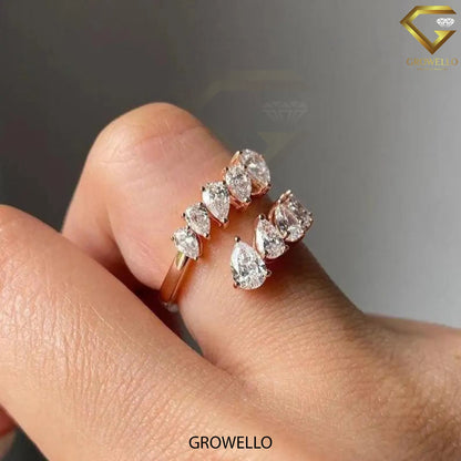 Graduated pear cluster bypass ring, open wrap, solid gold, lab-grown or moissanite