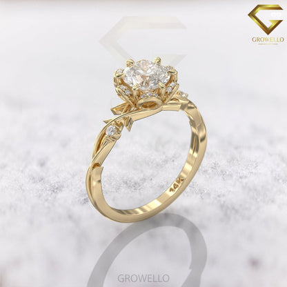 2ct round floral halo ring, vine shank, solid gold, lab-grown diamond or moissanite