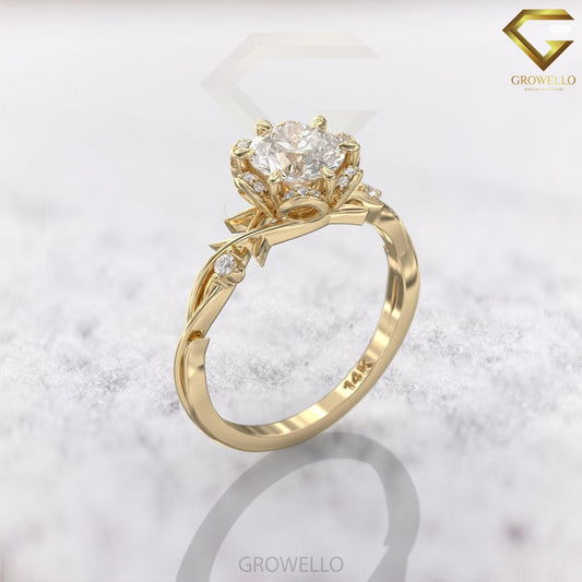 2ct round floral halo ring, vine shank, solid gold, lab-grown diamond or moissanite