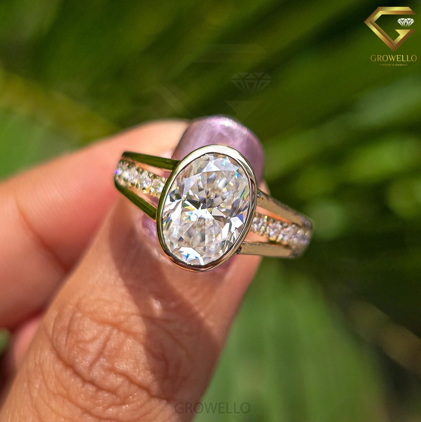 3ct Oval Bezel Engagement Ring, Split Shank, Pave Band, Solid Gold, Lab-Grown Diamond or Moissanite