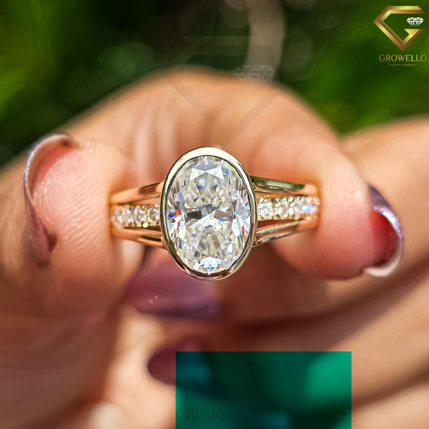 3ct Oval Bezel Engagement Ring, Split Shank, Pave Band, Solid Gold, Lab-Grown Diamond or Moissanite