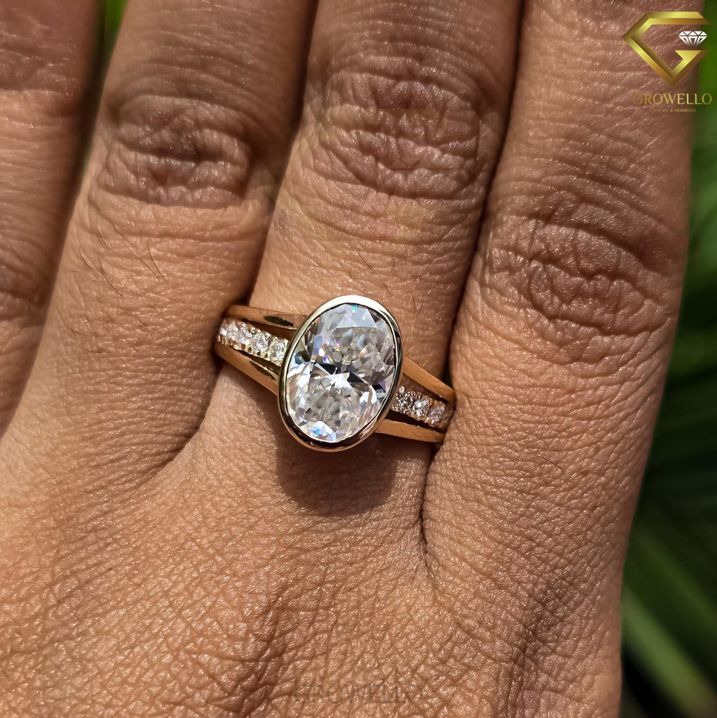 3ct Oval Bezel Engagement Ring, Split Shank, Pave Band, Solid Gold, Lab-Grown Diamond or Moissanite